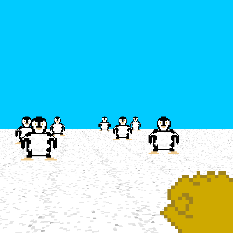 Pixel art image of penguins on snow